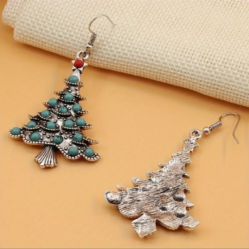 Silver Boho Chic Christmas Tree Turquoise Inlaid Holiday Dangle Earrings New - Picture 4 of 5